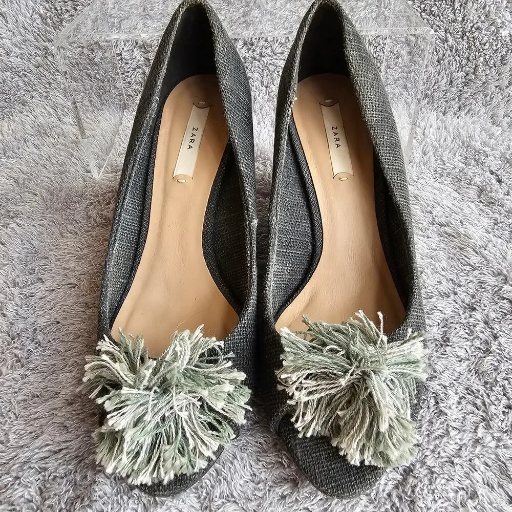 Zara Women's Peep Toe Pom Pom Slip On Pump Wedge Espadrille Sandals 37 Sz 6.5‎ - Picture 2 of 6